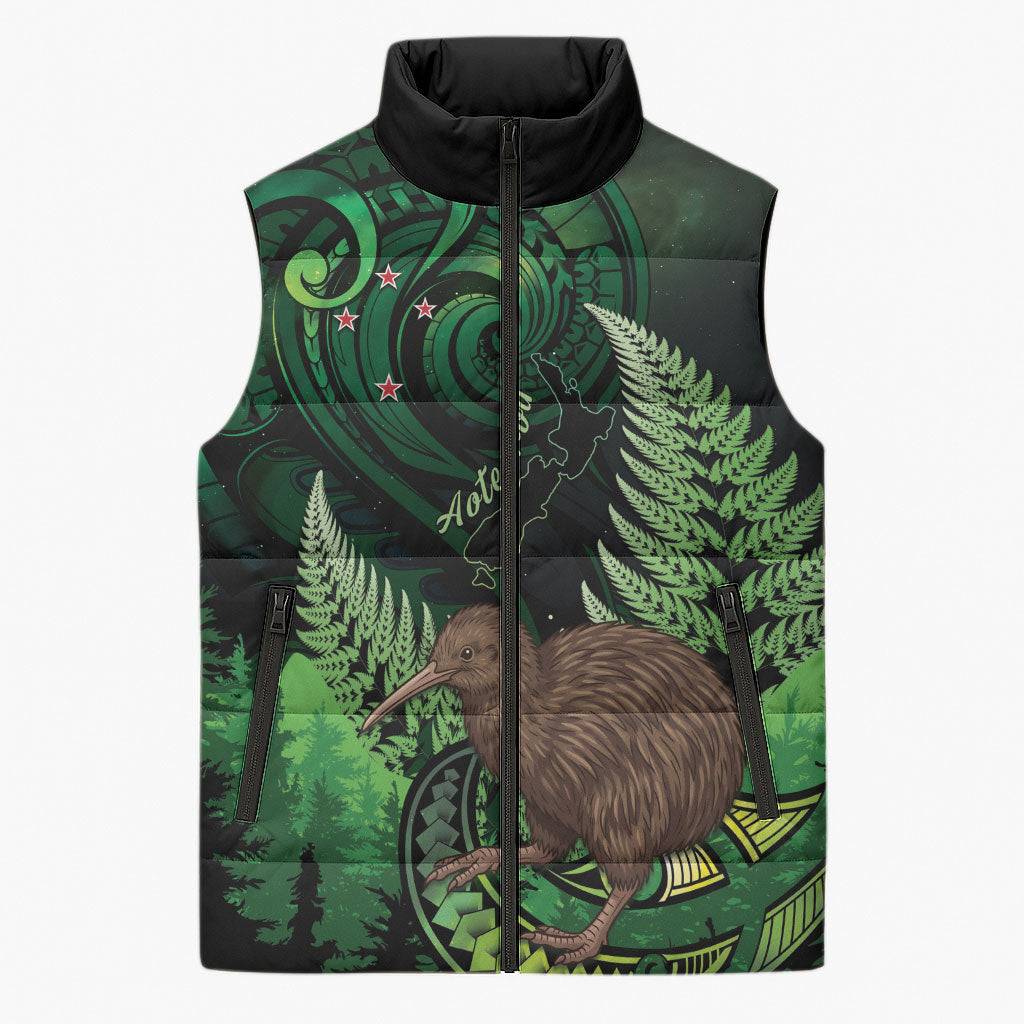 Kiwi New Zealand Personalised Sleeveless Puffer Jacket Aotearoa Map Silver Fern Koru Pattern
