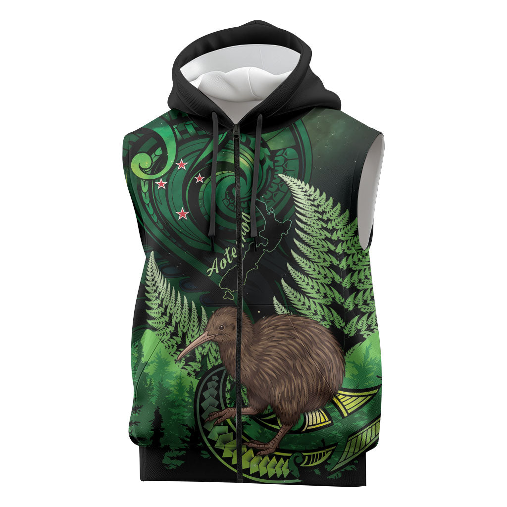 Kiwi New Zealand Personalised Sleeveless Zip Hoodie Aotearoa Map Silver Fern Koru Pattern