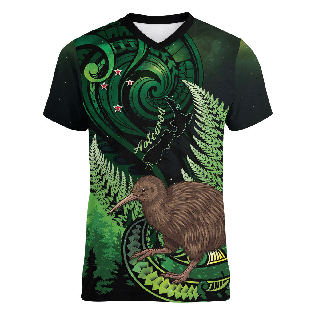 Kiwi New Zealand Personalised Women V-Neck T-Shirt Aotearoa Map Silver Fern Koru Pattern LT22 Female Green - Polynesian Pride