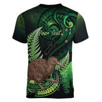 Kiwi New Zealand Personalised Women V-Neck T-Shirt Aotearoa Map Silver Fern Koru Pattern LT22 - Polynesian Pride