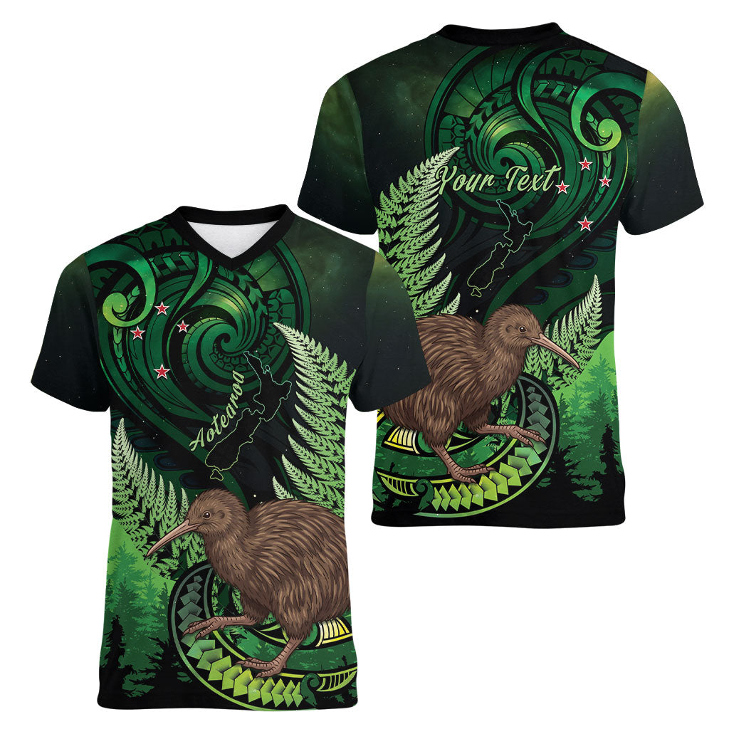 Kiwi New Zealand Personalised Women V-Neck T-Shirt Aotearoa Map Silver Fern Koru Pattern LT22 - Polynesian Pride