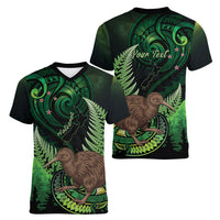 Kiwi New Zealand Personalised Women V-Neck T-Shirt Aotearoa Map Silver Fern Koru Pattern LT22 - Polynesian Pride
