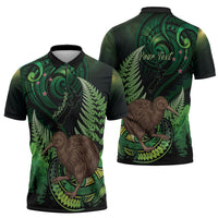 Kiwi New Zealand Personalised Zipper Polo Shirt Aotearoa Map Silver Fern Koru Pattern
