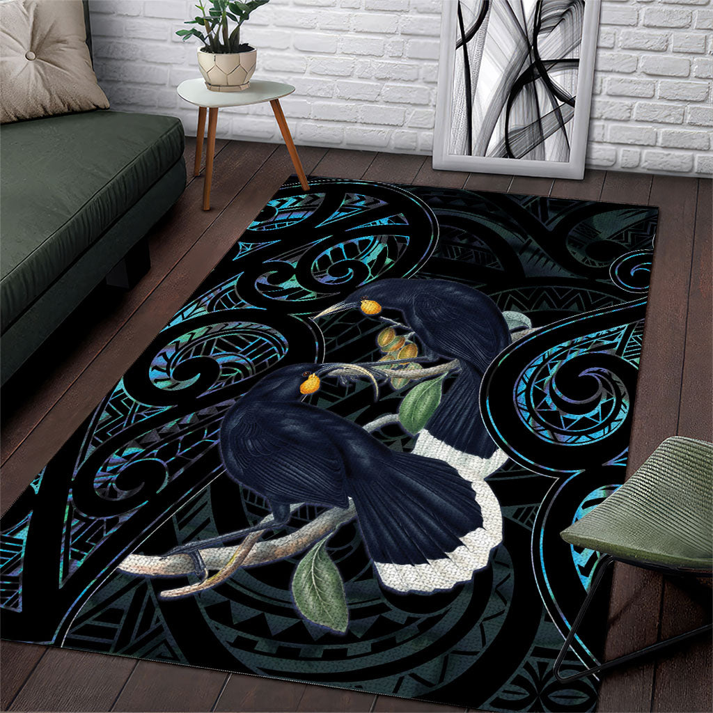New Zealand Huia Bird Area Rug Paua Shell Maori Pattern LT22 Black - Polynesian Pride