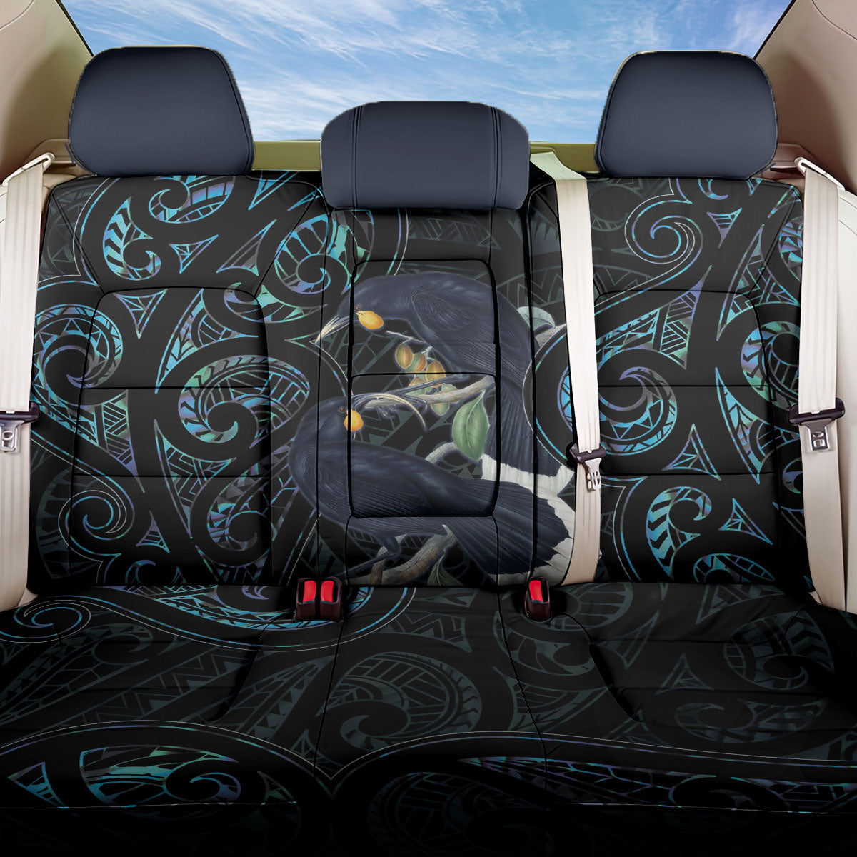 New Zealand Huia Bird Back Car Seat Cover Paua Shell Maori Pattern LT22 One Size Black - Polynesian Pride