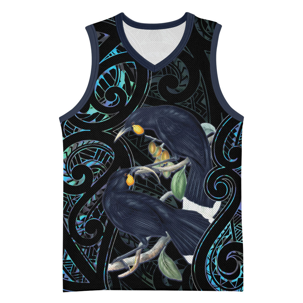 New Zealand Huia Bird Basketball Jersey Paua Shell Maori Pattern LT22 Unisex Black - Polynesian Pride