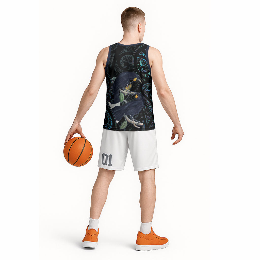 New Zealand Huia Bird Basketball Jersey Paua Shell Maori Pattern