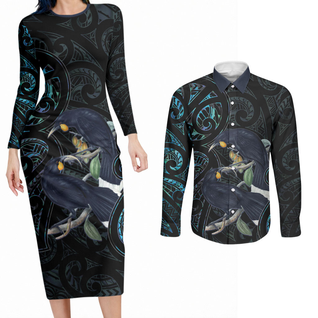 New Zealand Huia Bird Couples Matching Long Sleeve Bodycon Dress and Long Sleeve Button Shirt Paua Shell Maori Pattern LT22 Black - Polynesian Pride