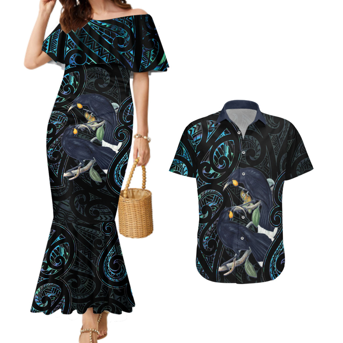 New Zealand Huia Bird Couples Matching Mermaid Dress and Hawaiian Shirt Paua Shell Maori Pattern LT22 Black - Polynesian Pride