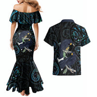 New Zealand Huia Bird Couples Matching Mermaid Dress and Hawaiian Shirt Paua Shell Maori Pattern LT22 - Polynesian Pride