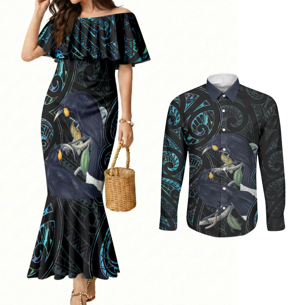 New Zealand Huia Bird Couples Matching Mermaid Dress and Long Sleeve Button Shirt Paua Shell Maori Pattern LT22 Black - Polynesian Pride