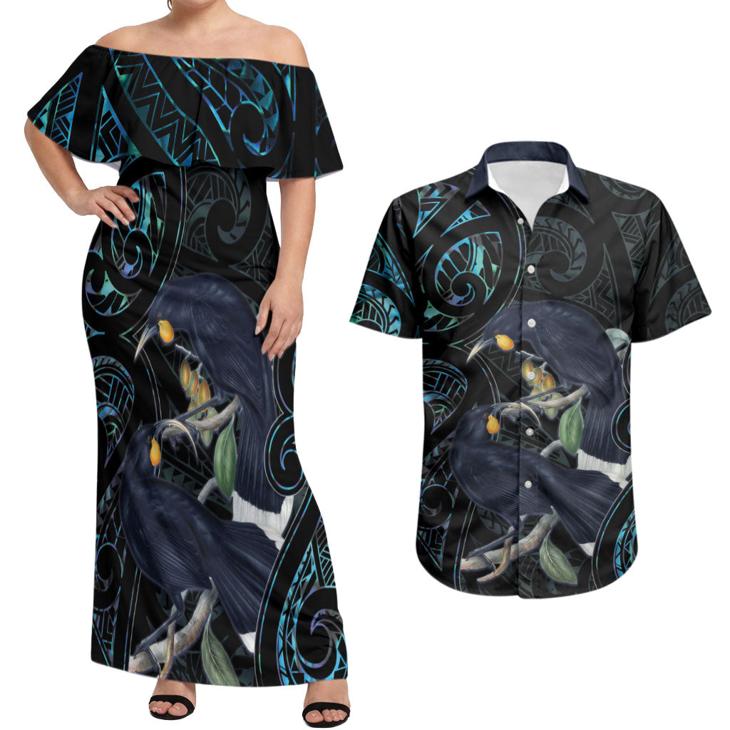 New Zealand Huia Bird Couples Matching Off Shoulder Maxi Dress and Hawaiian Shirt Paua Shell Maori Pattern LT22 Black - Polynesian Pride