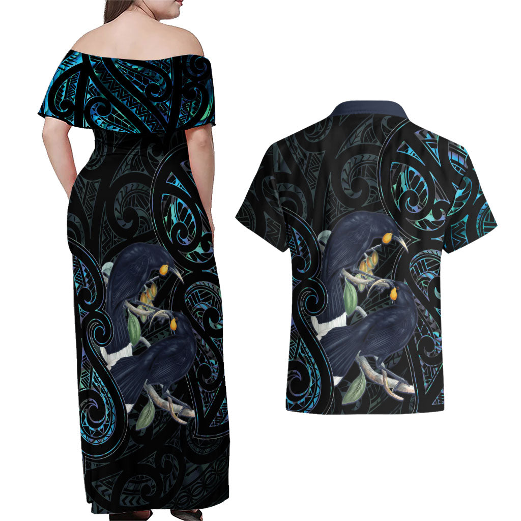 New Zealand Huia Bird Couples Matching Off Shoulder Maxi Dress and Hawaiian Shirt Paua Shell Maori Pattern LT22 - Polynesian Pride