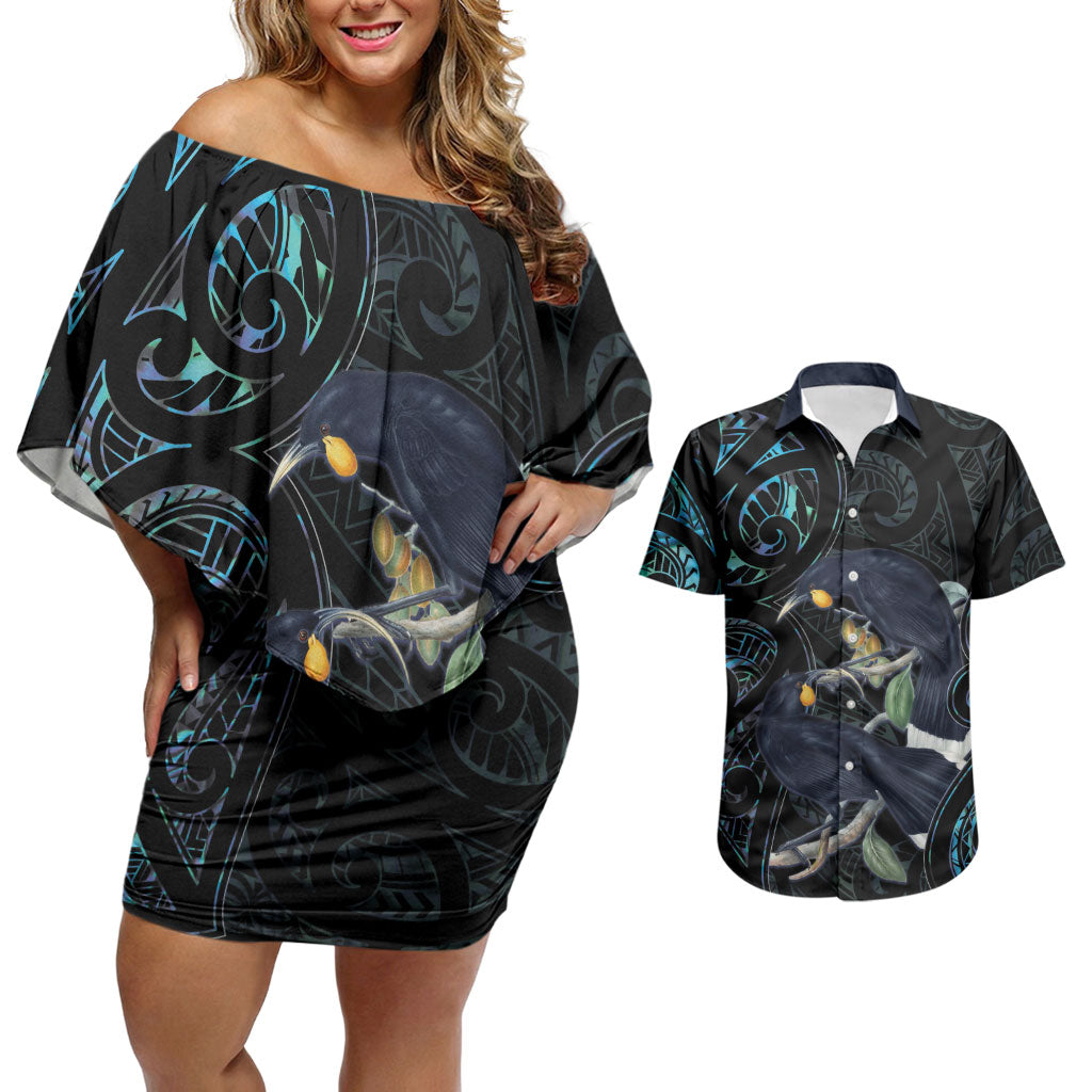 New Zealand Huia Bird Couples Matching Off Shoulder Short Dress and Hawaiian Shirt Paua Shell Maori Pattern LT22 Black - Polynesian Pride