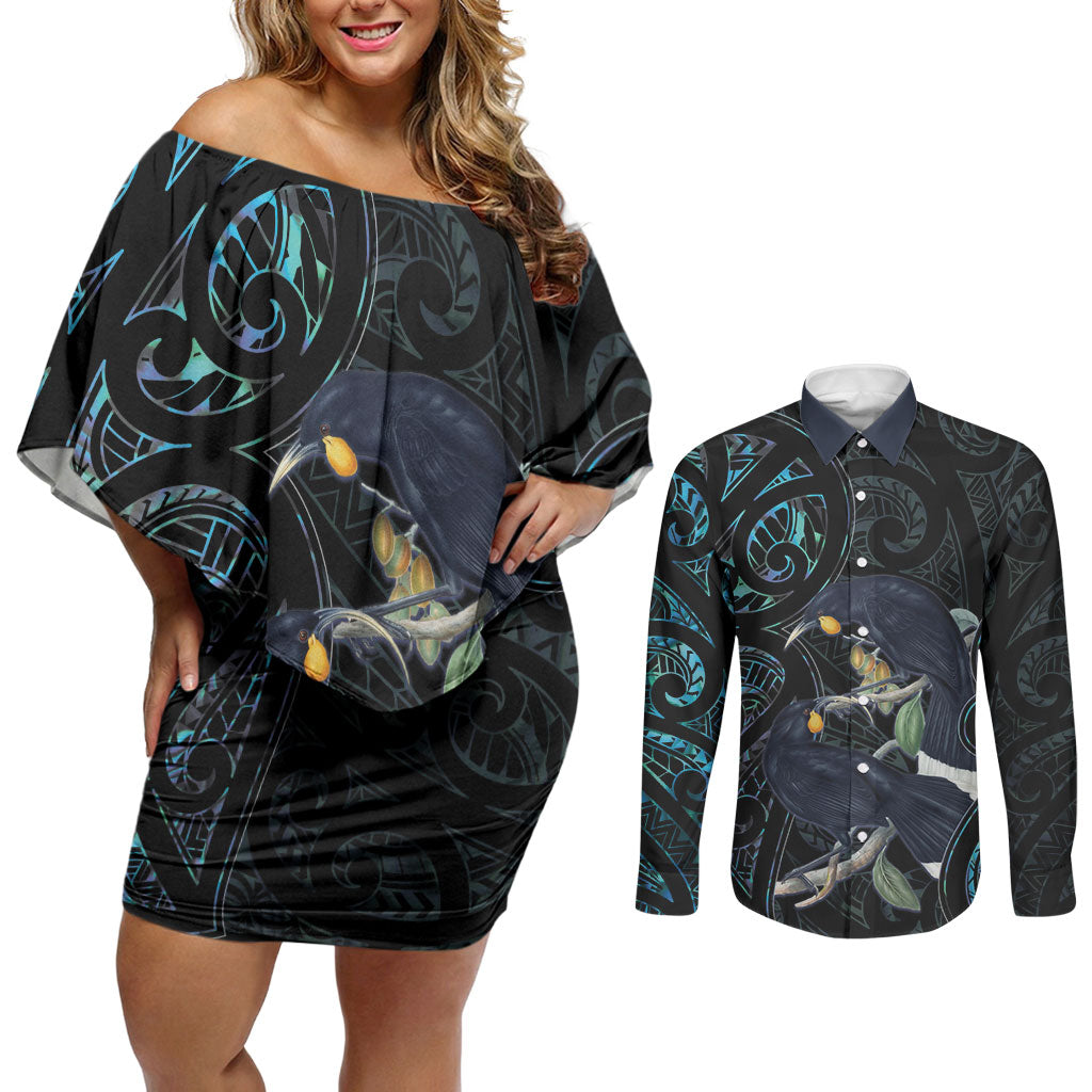New Zealand Huia Bird Couples Matching Off Shoulder Short Dress and Long Sleeve Button Shirt Paua Shell Maori Pattern LT22 Black - Polynesian Pride