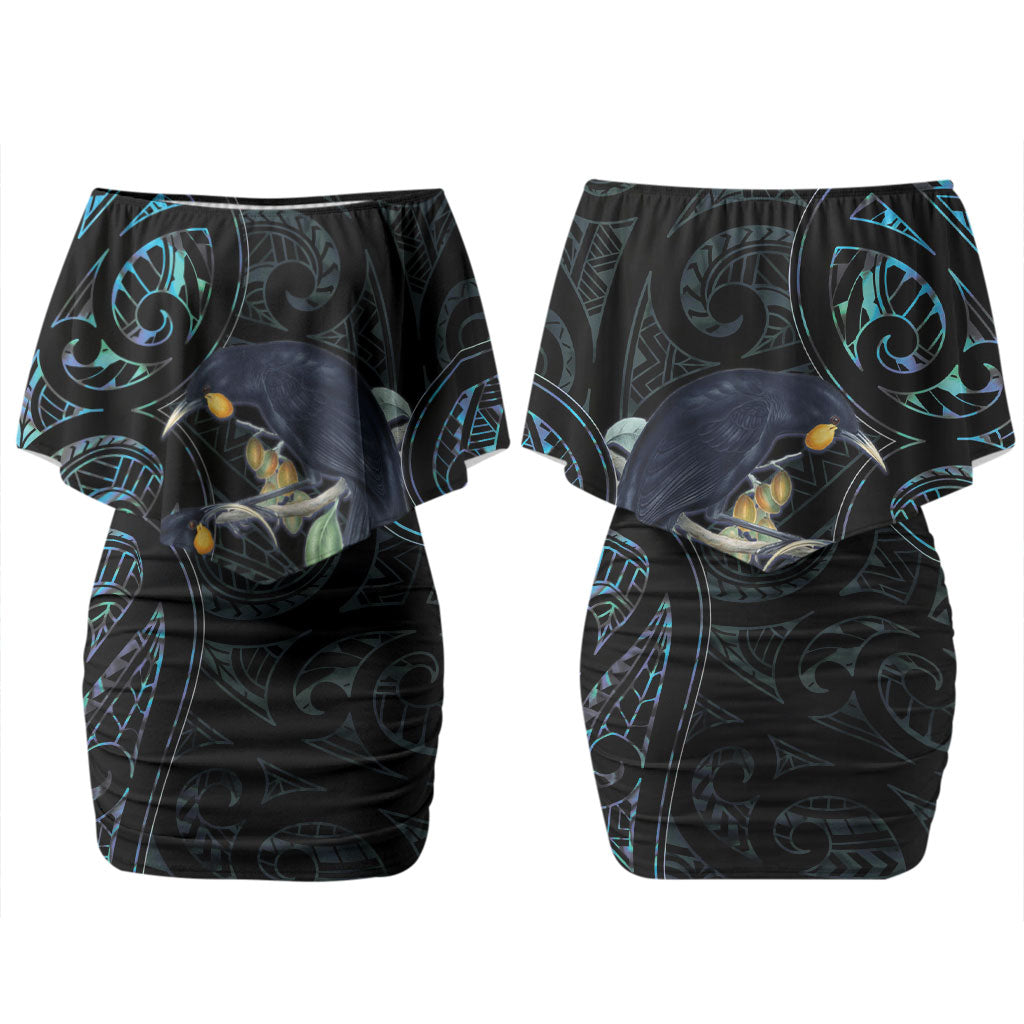 New Zealand Huia Bird Couples Matching Off Shoulder Short Dress and Long Sleeve Button Shirt Paua Shell Maori Pattern LT22 - Polynesian Pride