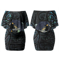 New Zealand Huia Bird Couples Matching Off Shoulder Short Dress and Long Sleeve Button Shirt Paua Shell Maori Pattern LT22 - Polynesian Pride