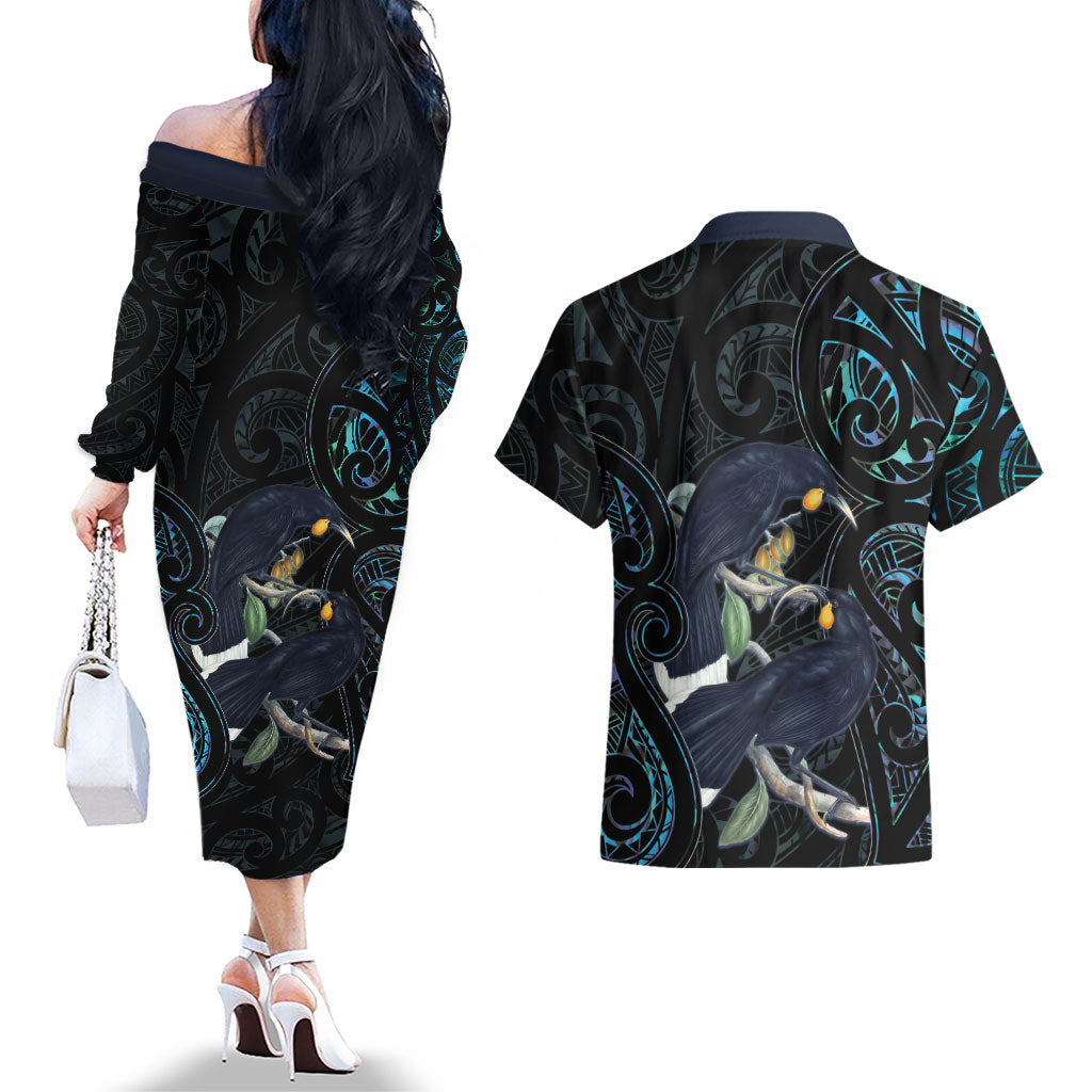 New Zealand Huia Bird Couples Matching Off The Shoulder Long Sleeve Dress and Hawaiian Shirt Paua Shell Maori Pattern LT22 - Polynesian Pride
