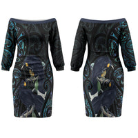 New Zealand Huia Bird Couples Matching Off The Shoulder Long Sleeve Dress and Long Sleeve Button Shirt Paua Shell Maori Pattern LT22 - Polynesian Pride