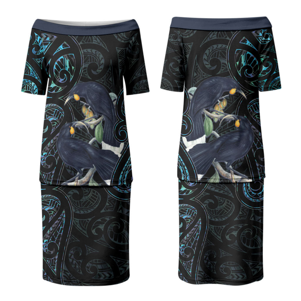 New Zealand Huia Bird Couples Matching Puletasi and Hawaiian Shirt Paua Shell Maori Pattern LT22 - Polynesian Pride