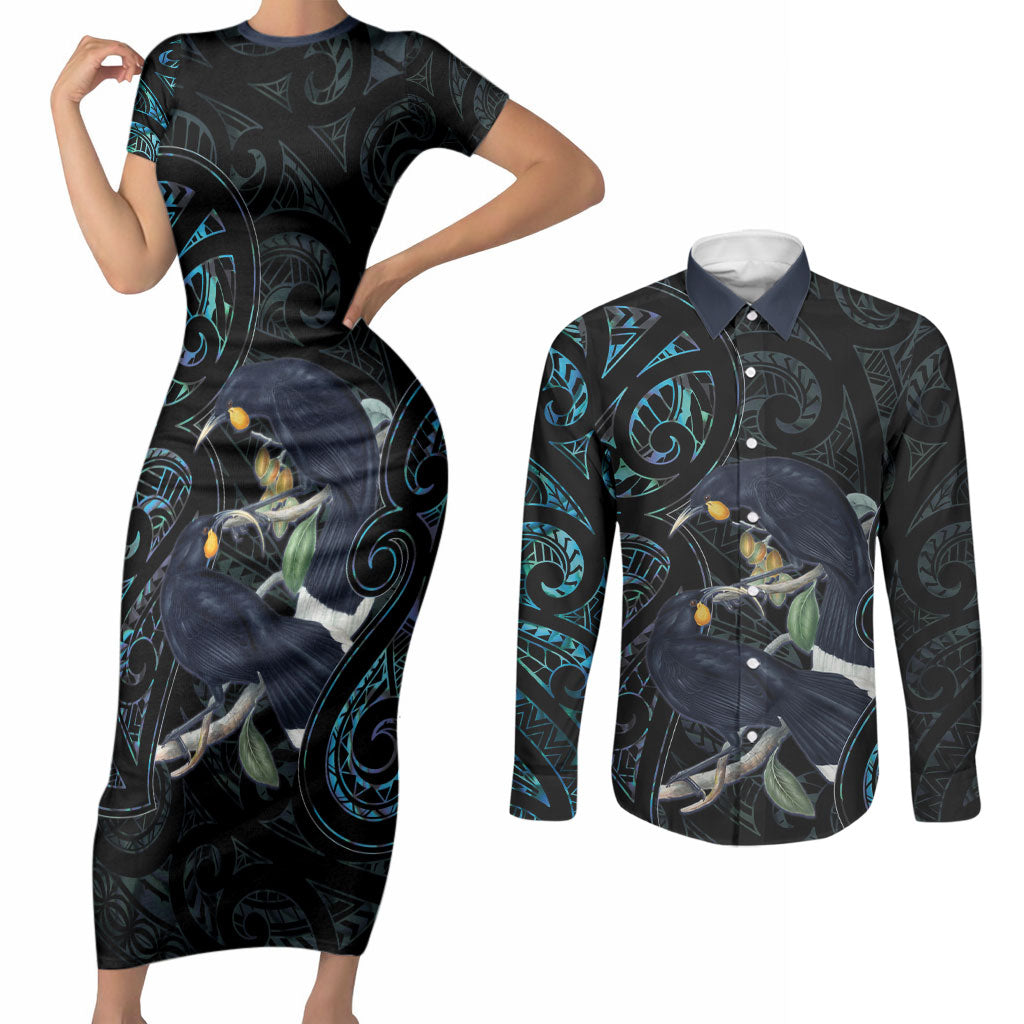 New Zealand Huia Bird Couples Matching Short Sleeve Bodycon Dress and Long Sleeve Button Shirt Paua Shell Maori Pattern LT22 Black - Polynesian Pride