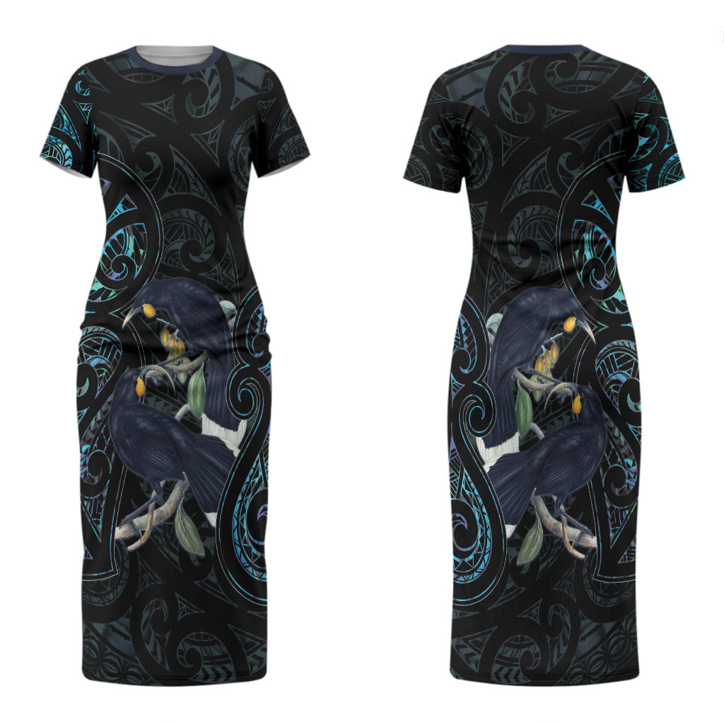 New Zealand Huia Bird Couples Matching Short Sleeve Bodycon Dress and Long Sleeve Button Shirt Paua Shell Maori Pattern LT22 - Polynesian Pride