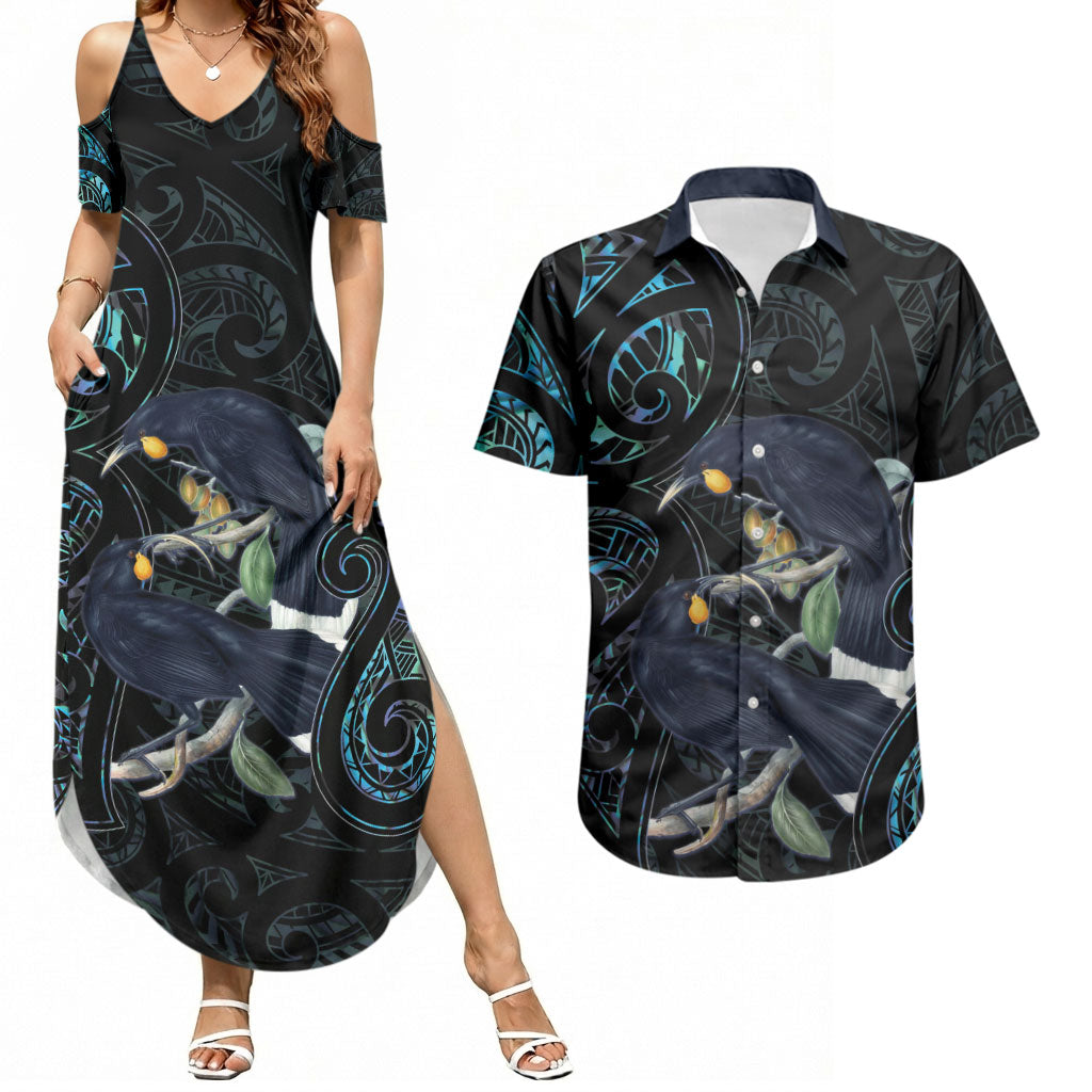 New Zealand Huia Bird Couples Matching Summer Maxi Dress and Hawaiian Shirt Paua Shell Maori Pattern LT22 Black - Polynesian Pride