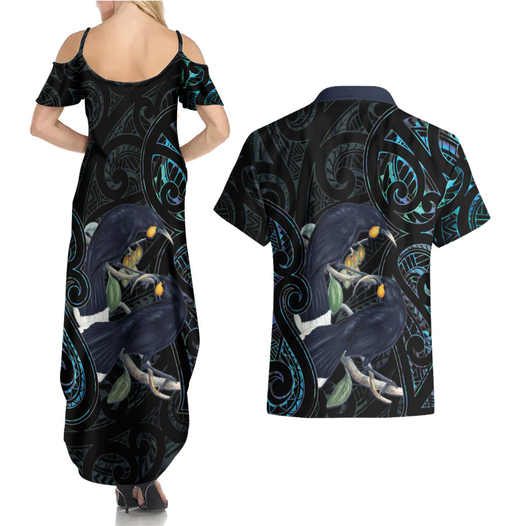 New Zealand Huia Bird Couples Matching Summer Maxi Dress and Hawaiian Shirt Paua Shell Maori Pattern LT22 - Polynesian Pride