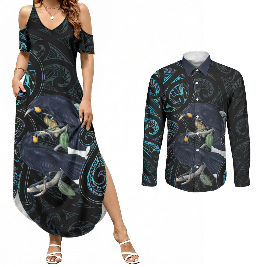New Zealand Huia Bird Couples Matching Summer Maxi Dress and Long Sleeve Button Shirt Paua Shell Maori Pattern LT22 Black - Polynesian Pride
