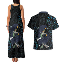 New Zealand Huia Bird Couples Matching Tank Maxi Dress and Hawaiian Shirt Paua Shell Maori Pattern LT22 - Polynesian Pride