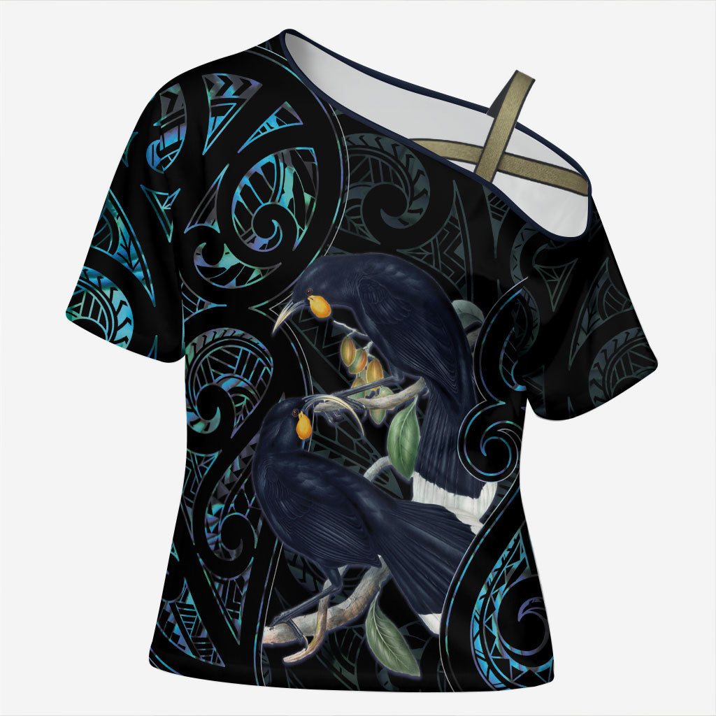 New Zealand Huia Bird Cross Shoulder Shirt Paua Shell Maori Pattern LT22 Female Black - Polynesian Pride