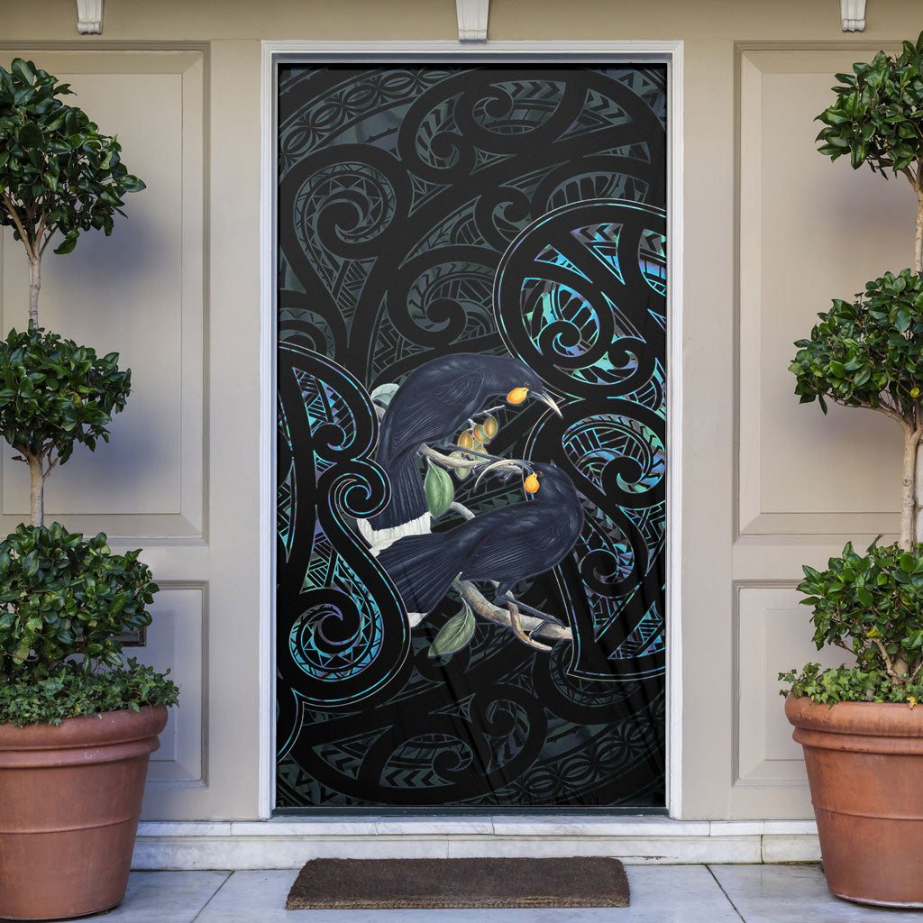 New Zealand Huia Bird Door Cover Paua Shell Maori Pattern LT22 Black - Polynesian Pride