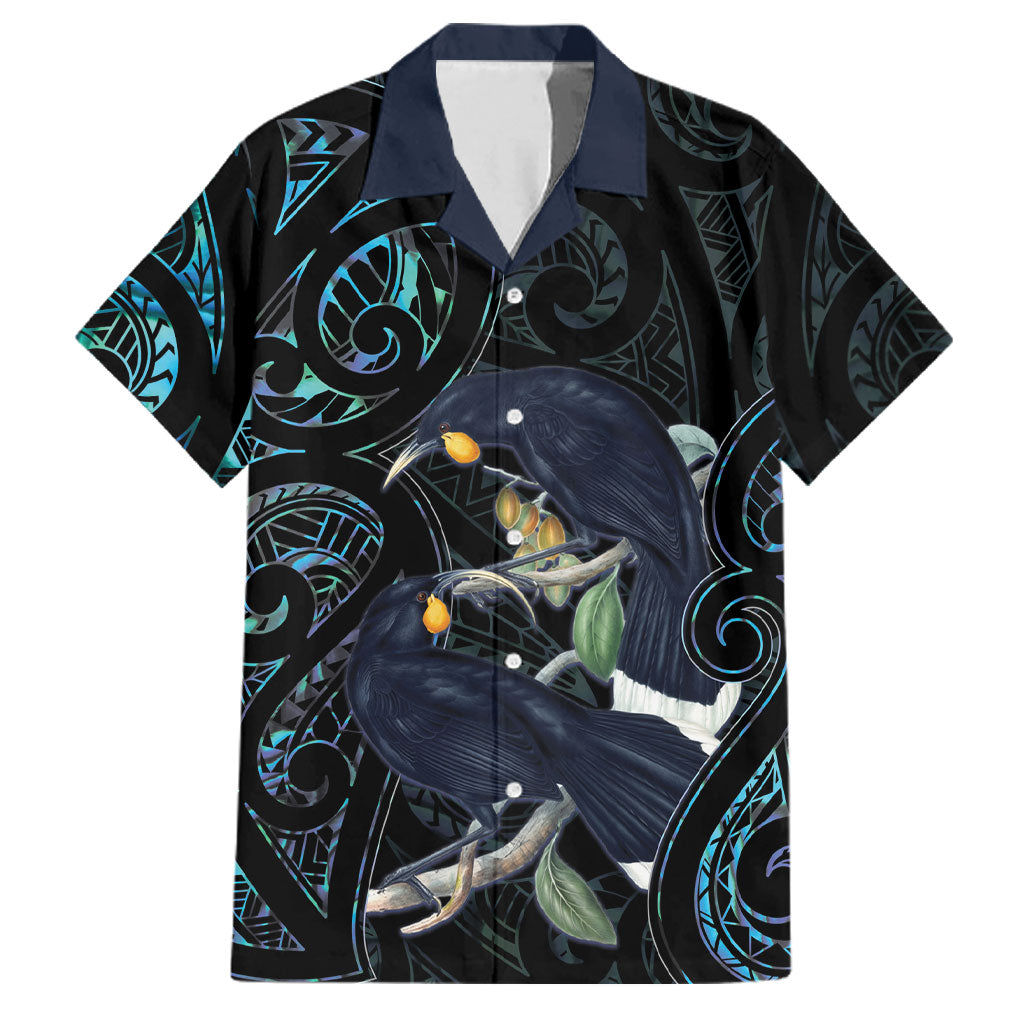 New Zealand Huia Bird Family Matching Off The Shoulder Long Sleeve Dress and Hawaiian Shirt Paua Shell Maori Pattern LT22 Dad's Shirt - Short Sleeve Black - Polynesian Pride