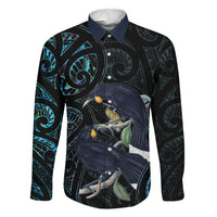 New Zealand Huia Bird Family Matching Off The Shoulder Long Sleeve Dress and Hawaiian Shirt Paua Shell Maori Pattern LT22 Dad's Shirt - Long Sleeve Black - Polynesian Pride