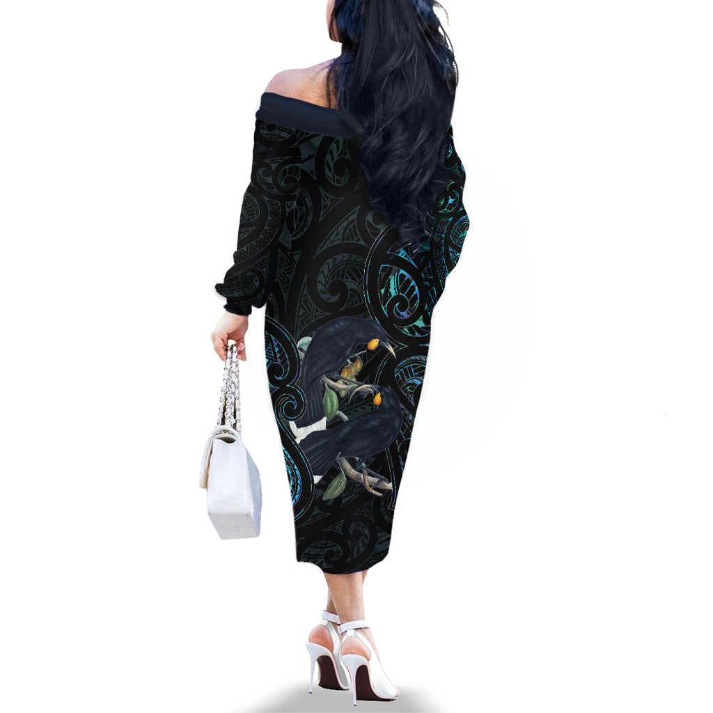 New Zealand Huia Bird Family Matching Off The Shoulder Long Sleeve Dress and Hawaiian Shirt Paua Shell Maori Pattern LT22 - Polynesian Pride