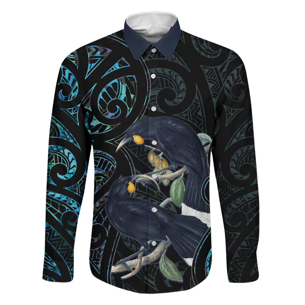 New Zealand Huia Bird Family Matching Off Shoulder Maxi Dress and Hawaiian Shirt Paua Shell Maori Pattern LT22 Dad's Shirt - Long Sleeve Black - Polynesian Pride