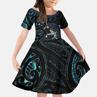 New Zealand Huia Bird Family Matching Puletasi and Hawaiian Shirt Paua Shell Maori Pattern LT22 Daughter's Dress Black - Polynesian Pride