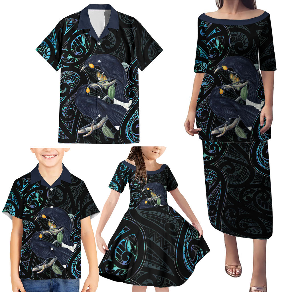 New Zealand Huia Bird Family Matching Puletasi and Hawaiian Shirt Paua Shell Maori Pattern LT22 - Polynesian Pride