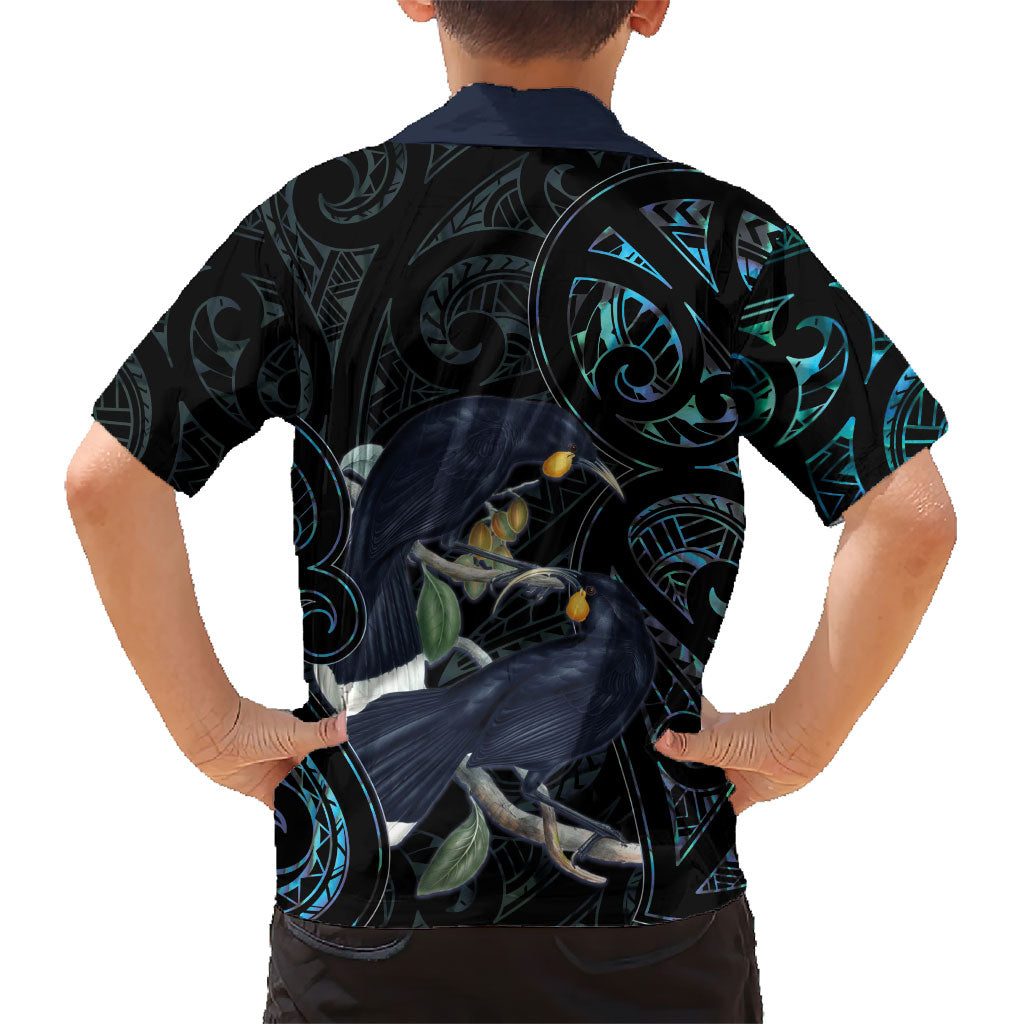 New Zealand Huia Bird Family Matching Short Sleeve Bodycon Dress and Hawaiian Shirt Paua Shell Maori Pattern LT22 - Polynesian Pride