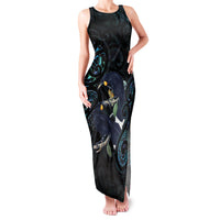 New Zealand Huia Bird Family Matching Tank Maxi Dress and Hawaiian Shirt Paua Shell Maori Pattern LT22 Mom's Dress Black - Polynesian Pride