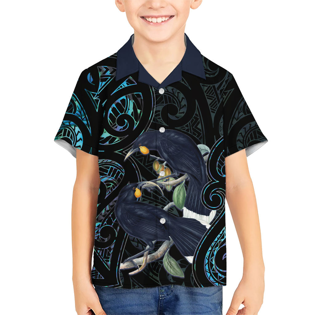New Zealand Huia Bird Family Matching Tank Maxi Dress and Hawaiian Shirt Paua Shell Maori Pattern LT22 Son's Shirt Black - Polynesian Pride