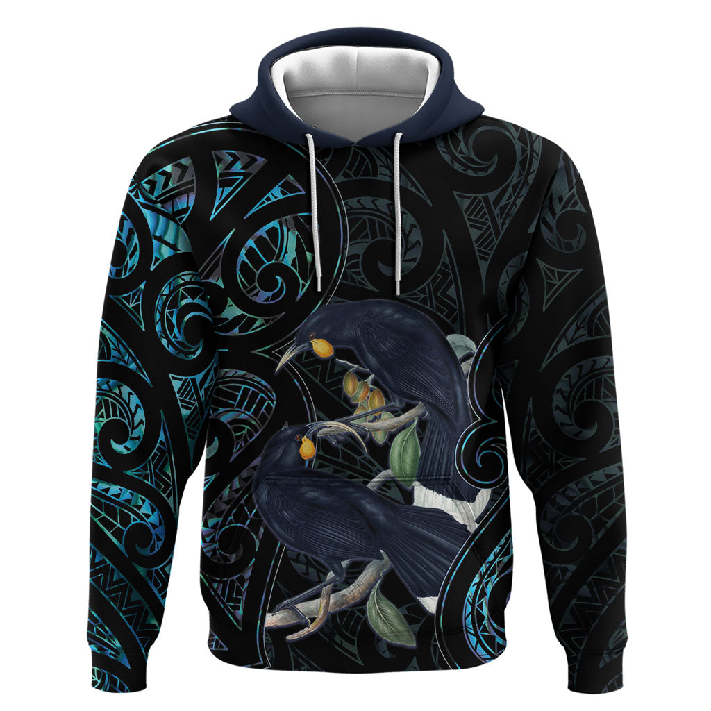 New Zealand Huia Bird Hoodie Paua Shell Maori Pattern LT22 Pullover Hoodie Black - Polynesian Pride