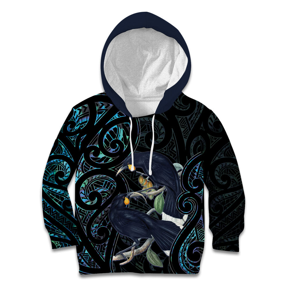 New Zealand Huia Bird Kid Hoodie Paua Shell Maori Pattern LT22 Hoodie Black - Polynesian Pride