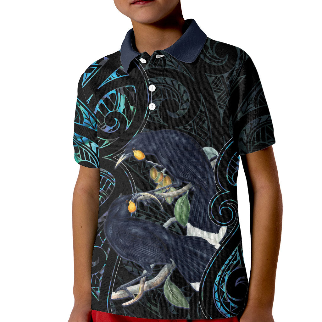 New Zealand Huia Bird Kid Polo Shirt Paua Shell Maori Pattern LT22 Kid Black - Polynesian Pride