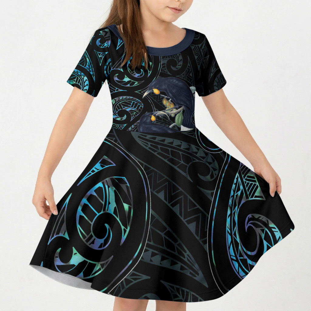 New Zealand Huia Bird Kid Short Sleeve Dress Paua Shell Maori Pattern LT22 KID Black - Polynesian Pride