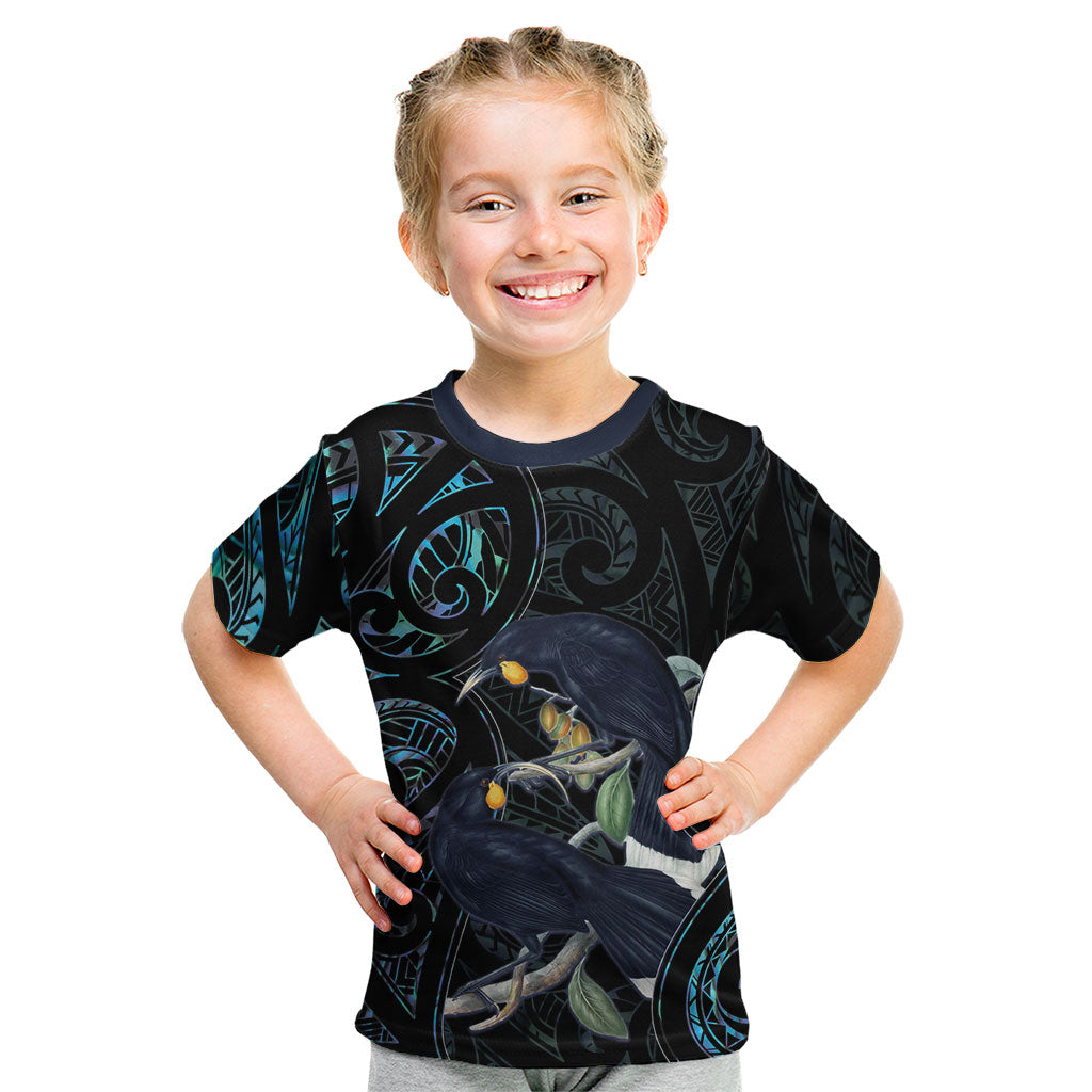 New Zealand Huia Bird Kid T Shirt Paua Shell Maori Pattern LT22 Black - Polynesian Pride
