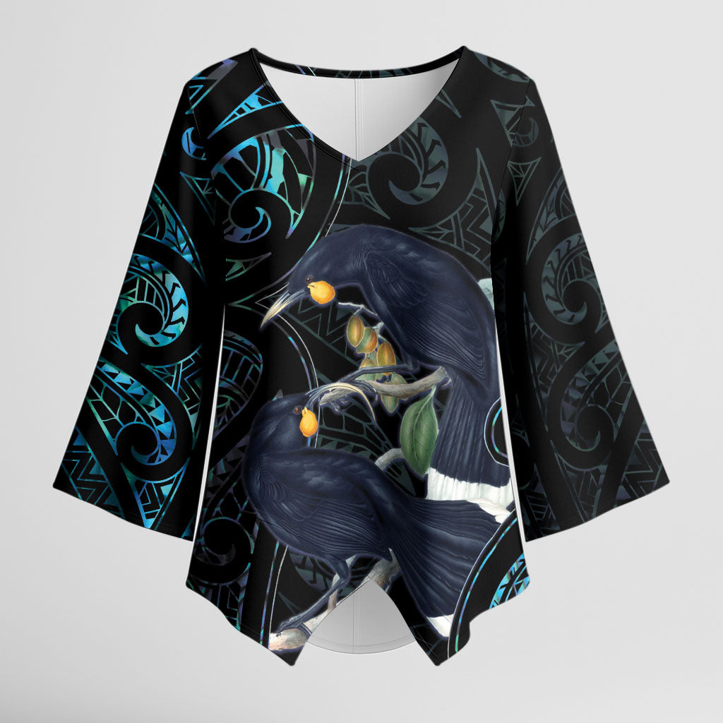 New Zealand Huia Bird Kimono Sleeve Blouse Paua Shell Maori Pattern LT22 Female Black - Polynesian Pride