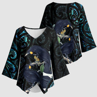 New Zealand Huia Bird Kimono Sleeve Blouse Paua Shell Maori Pattern