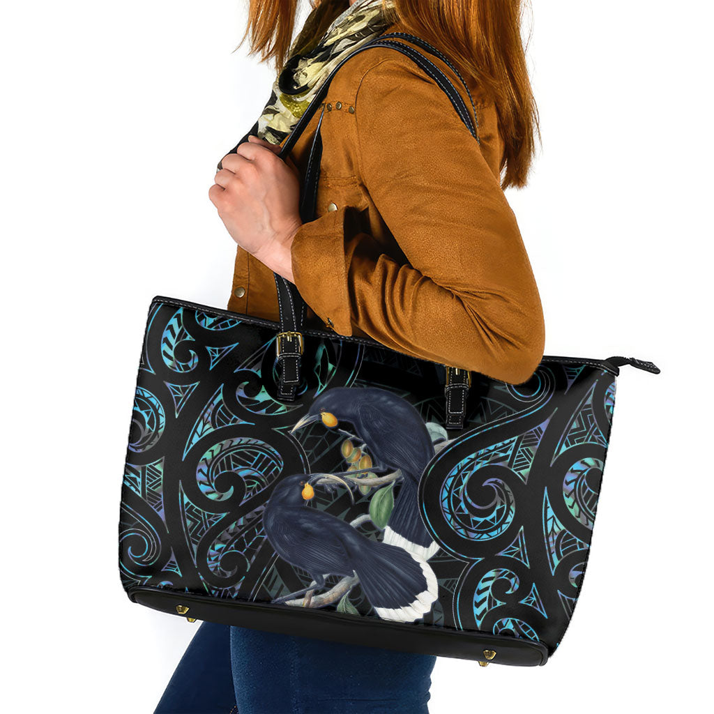 New Zealand Huia Bird Leather Tote Bag Paua Shell Maori Pattern LT22 Black - Polynesian Pride
