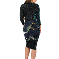 New Zealand Huia Bird Long Sleeve Bodycon Dress Paua Shell Maori Pattern